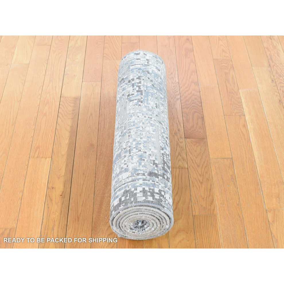 Beige, Modern Abstract Design, Hand Knotted Pure Wool, Runner Rug, 2'6"x10'1"