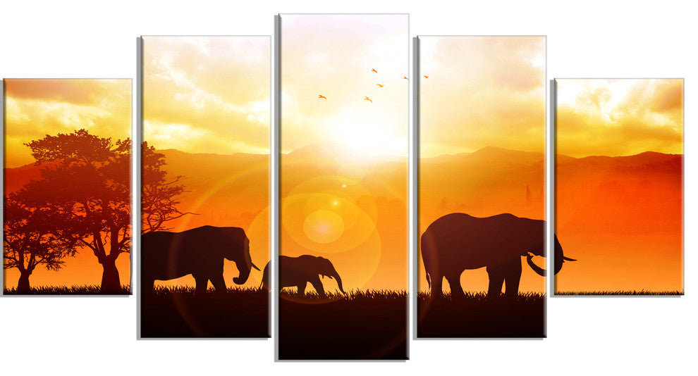 Elephants Walking At Sunset, African Canvas Art Print, 60"x32", 5 Panels
