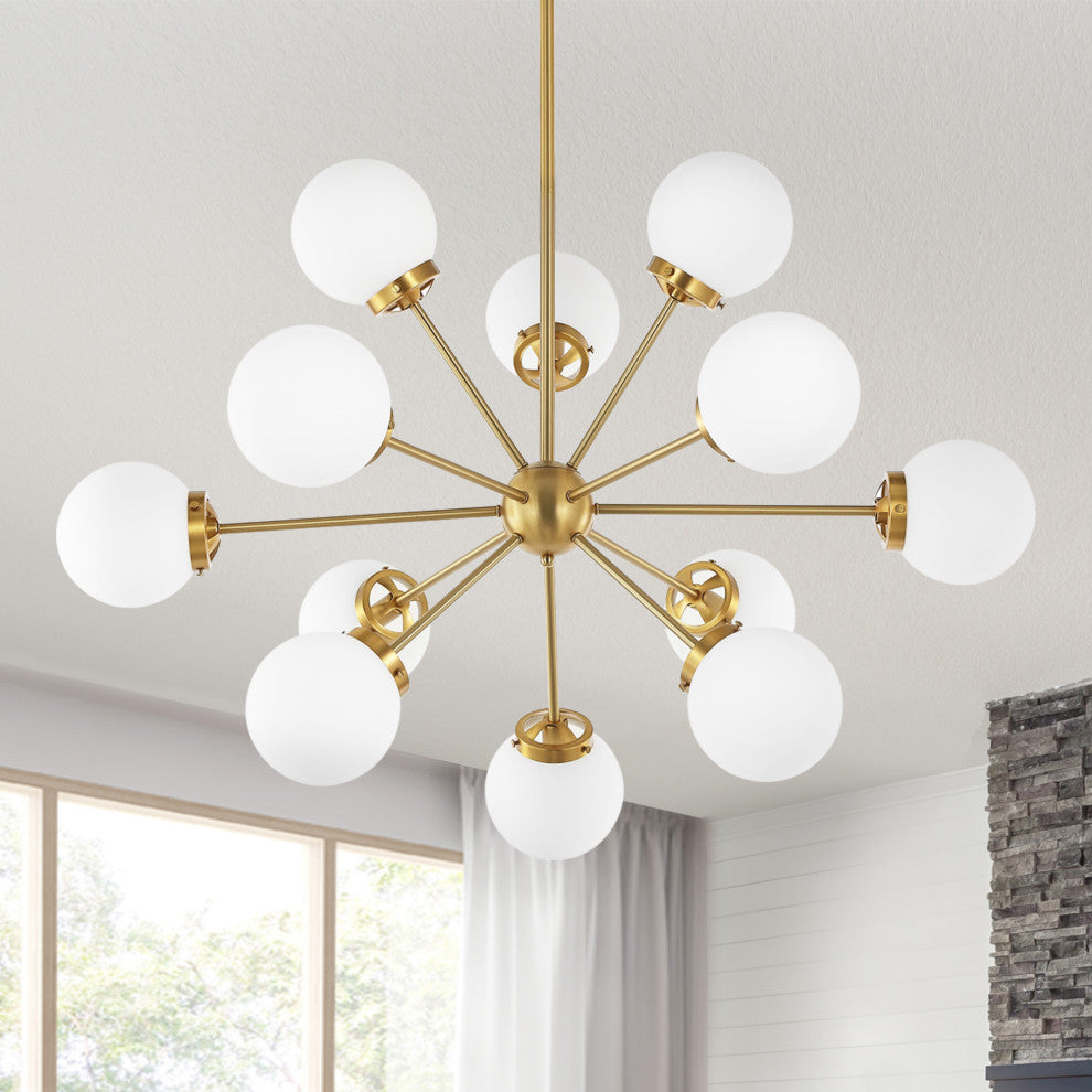 12-Light Dimmable Sputnik Sphere Chandelier, White Glass Shades