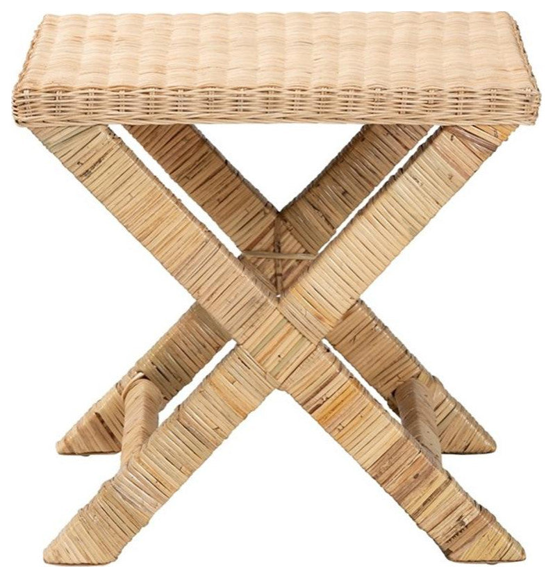 Farica Modern Bohemian Natural Rattan And Mahogany Accent Bench