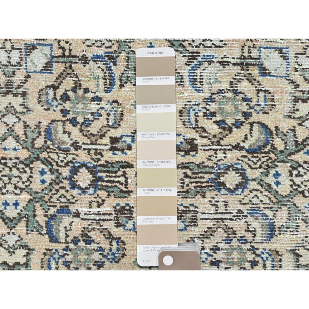 Beige Hand Knotted Vintage Persian Hamadan Pure Wool Clean Runner Rug, 3'5"x9'2"