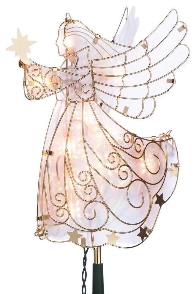 Lighted Angel Tree Topper in Frosty Glass With Gold Outline and Stars