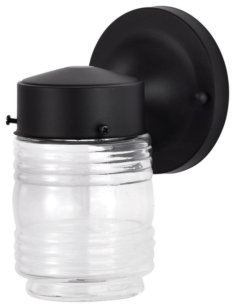 8W 1-Light Porch Wall, Mason Jar 3K, Black Finish With Clear Glass