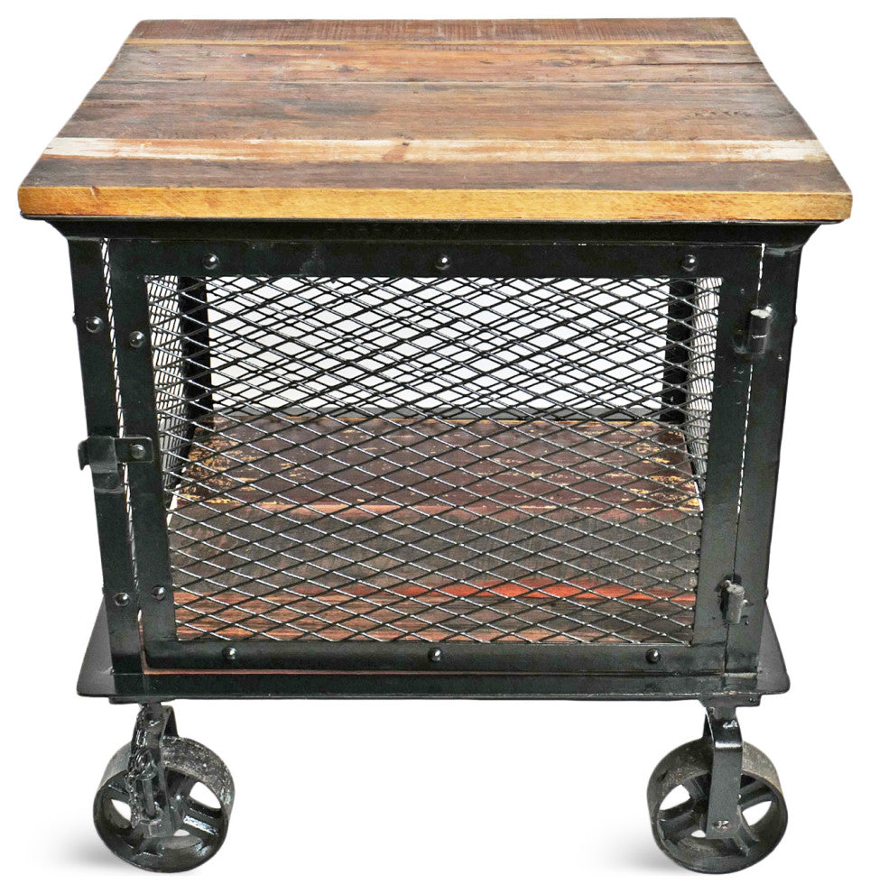 Iron Caster & Salvaged Wood Side Table / Cabinet