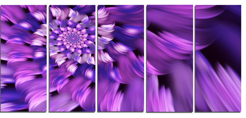 Blue Flower Shaped Fractal Art, Floral Canvas Art Print, 60"x28", 5 Panels