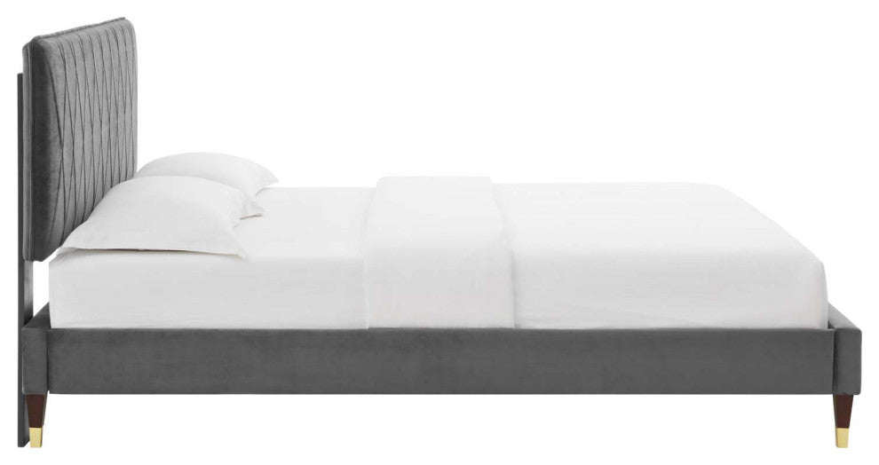Platform Bed Frame, King Size, Velvet, Dark Gray, Modern Contemporary