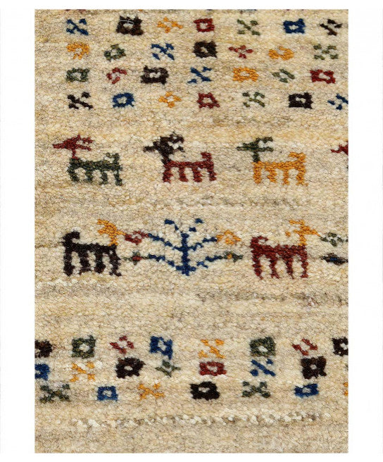 Beige Color Fine Hand Knotted Persian Gabbeh 1'11"x2'11"