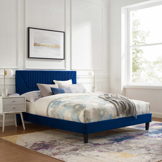 Yasmine Channel Tufted Performance Velvet Twin Platform Bed, Navy