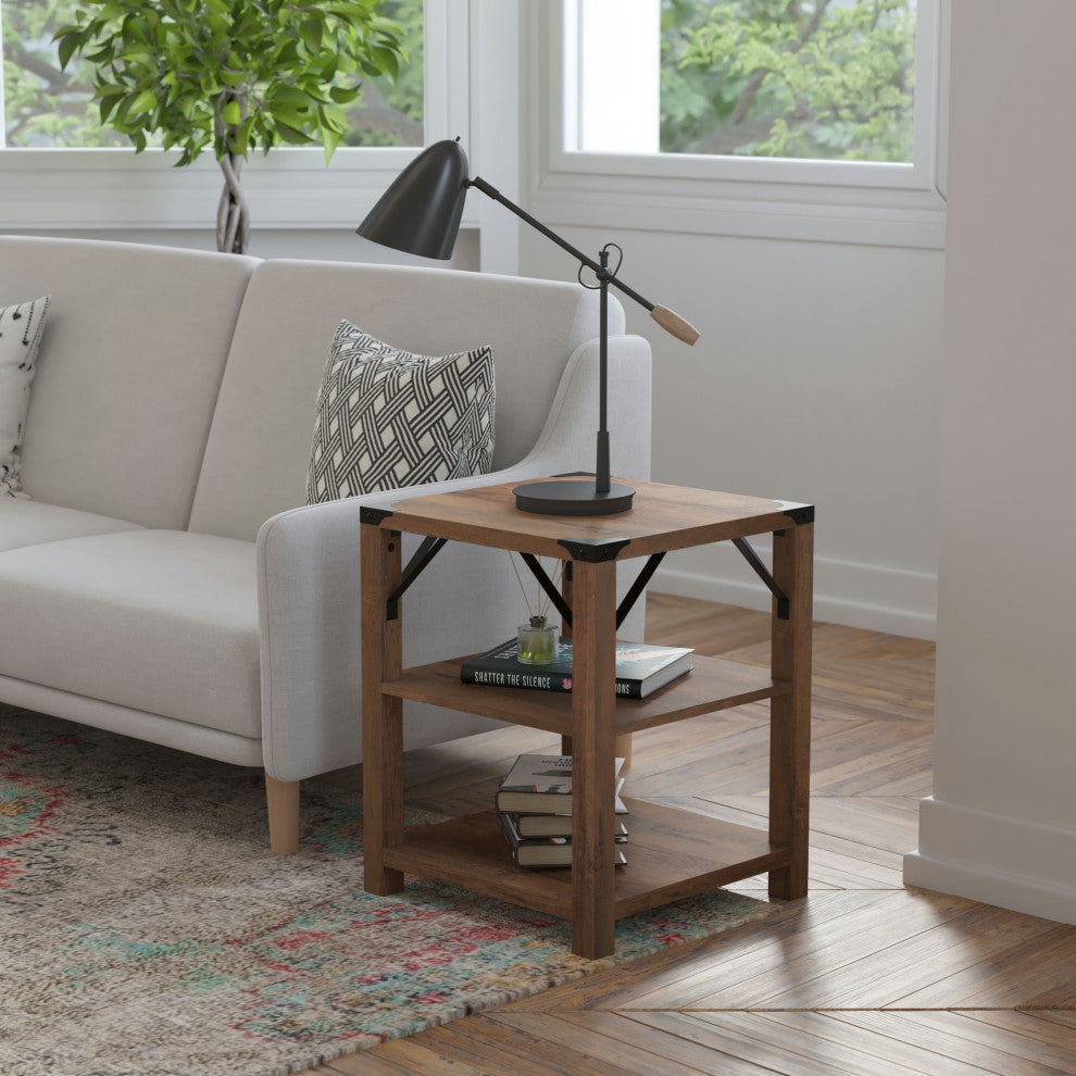 Wyatt Modern Farmhouse Wooden 3 Tier End Table, Rustic Oak