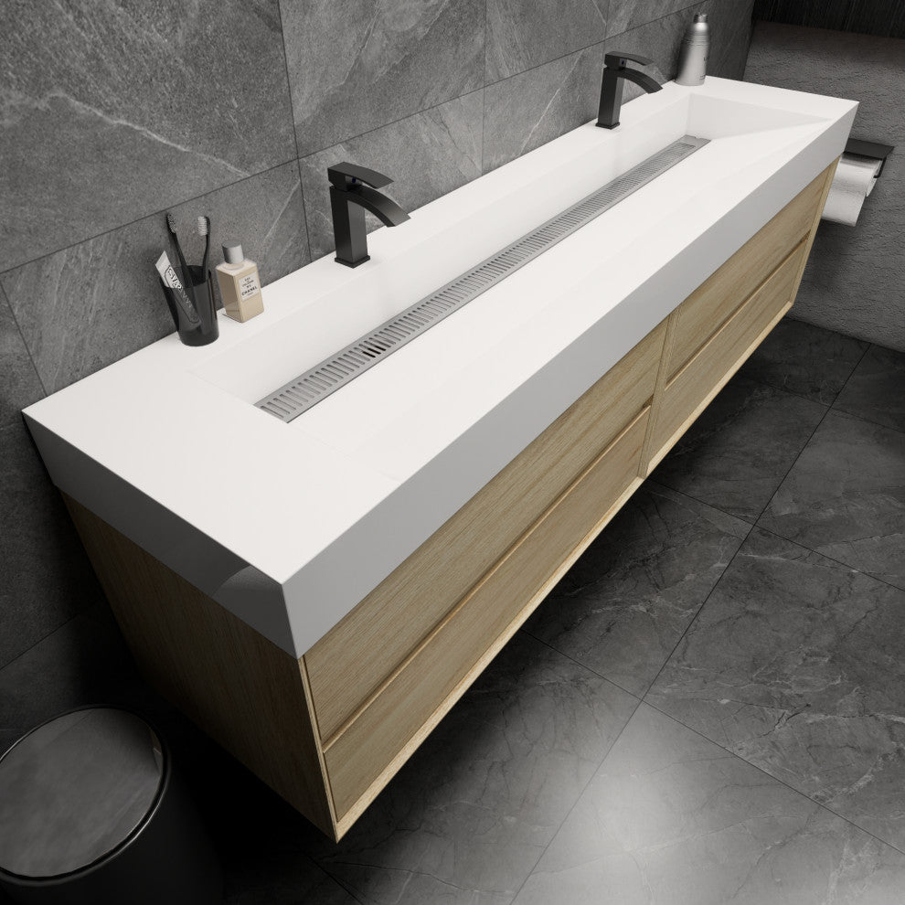 MAX 84" Double Floating Bath Vanity With Acrylic Sink, Coffee Wood, Coffee Wood