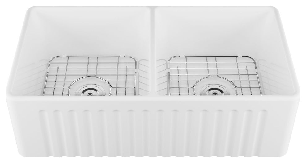 33'' x 18" White Farmhouse Ceramic Kitchen Sink,Reversible Double Bowl Sink