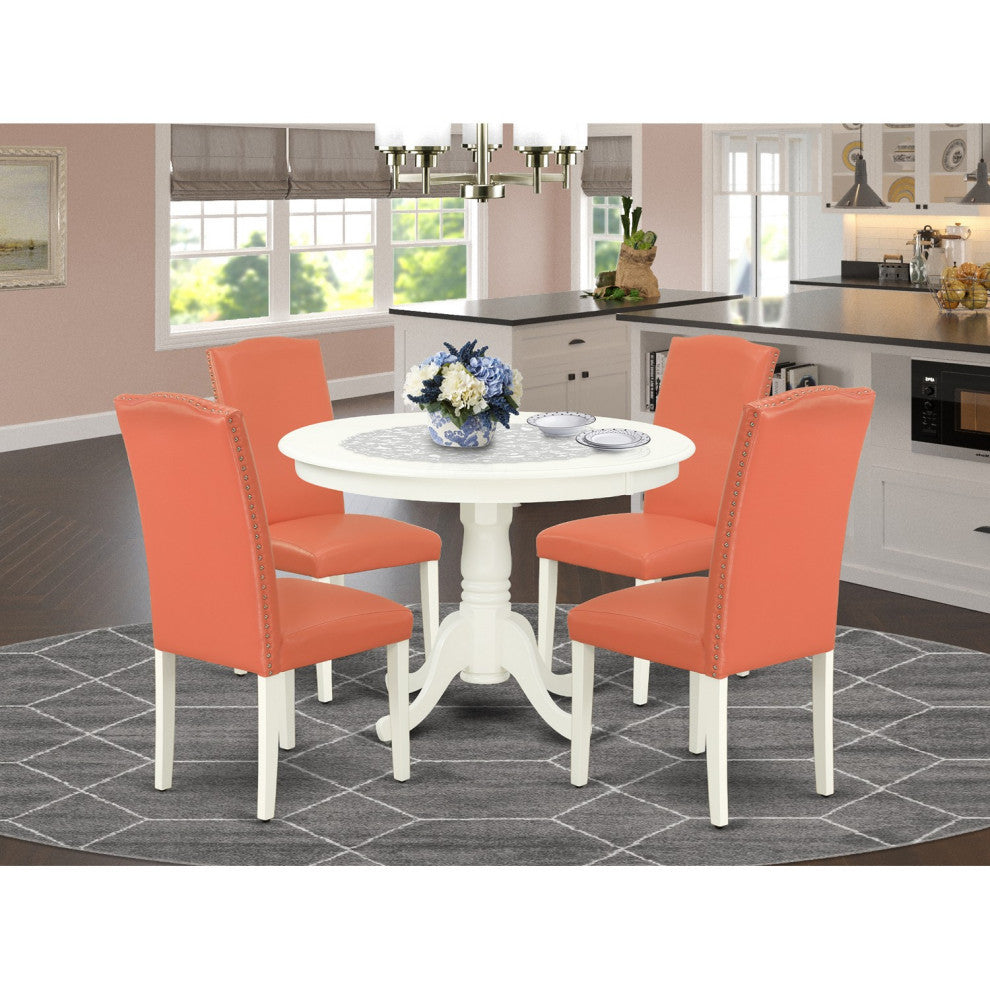 5Pc Round 42" Dinette Table, Four Parson Chair, Pu Leather Color Pink Flamingo