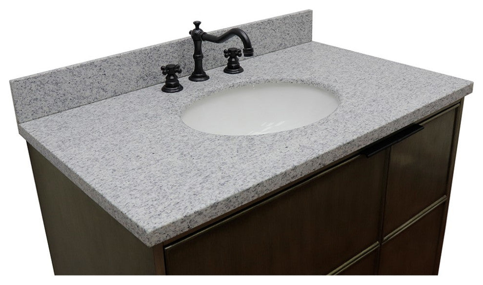 37" Single Vanity, Linen Brown Finish With Gray Granite Top And Oval Sink