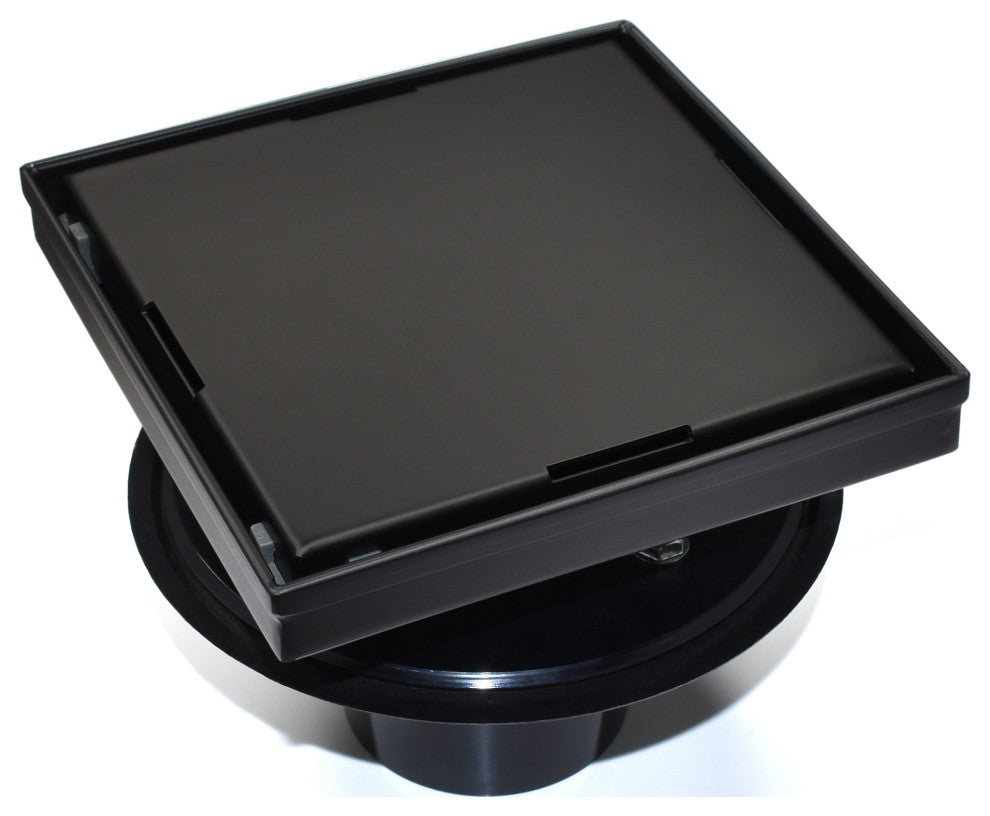 HEATGENE Square Shower Drain With Flat Cover With Base Flange, Matt Black, 6"