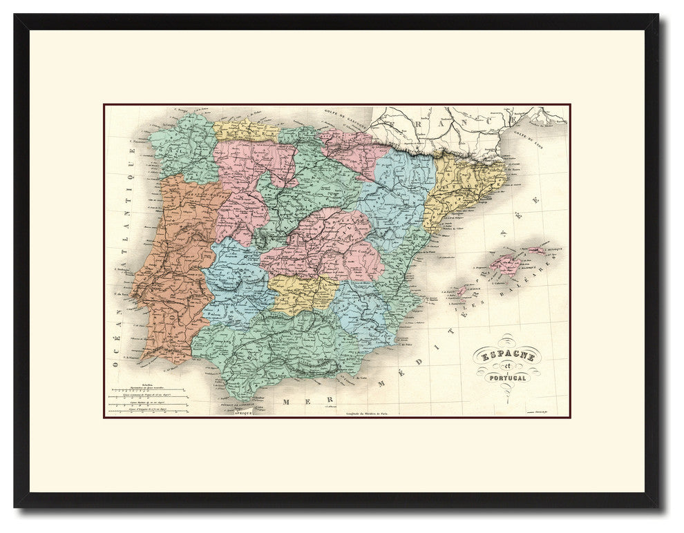 Spain Portugal Vintage Antique Map Wall Art, 16"x21"