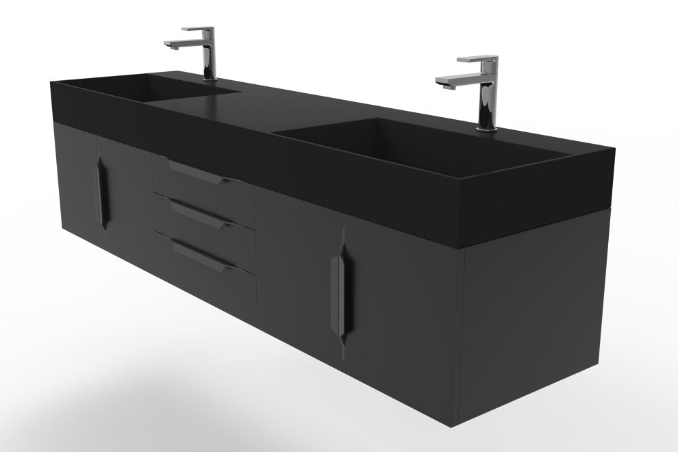 CastelloUSA Amazon 72" Wall Mounted Vanity Set, Black, Black Top, Black Handles