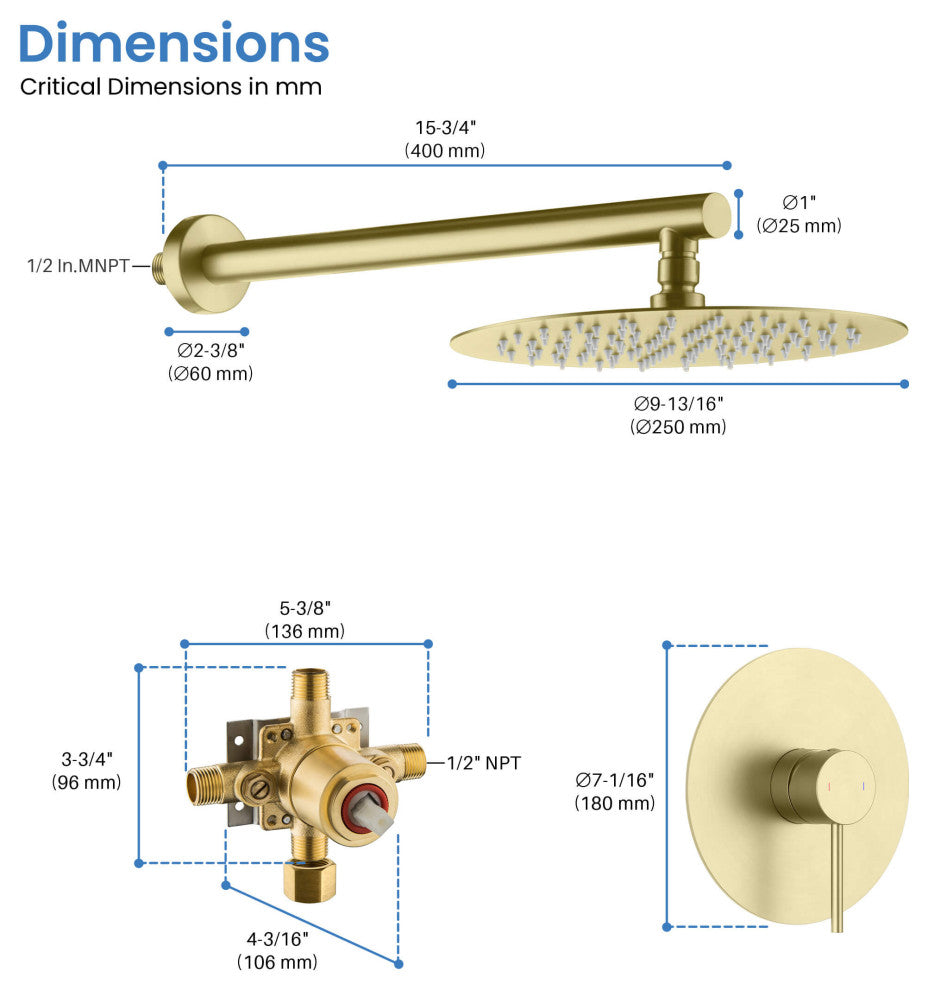 Circular Single Function Shower System, Rough, Valve, Brushed Gold