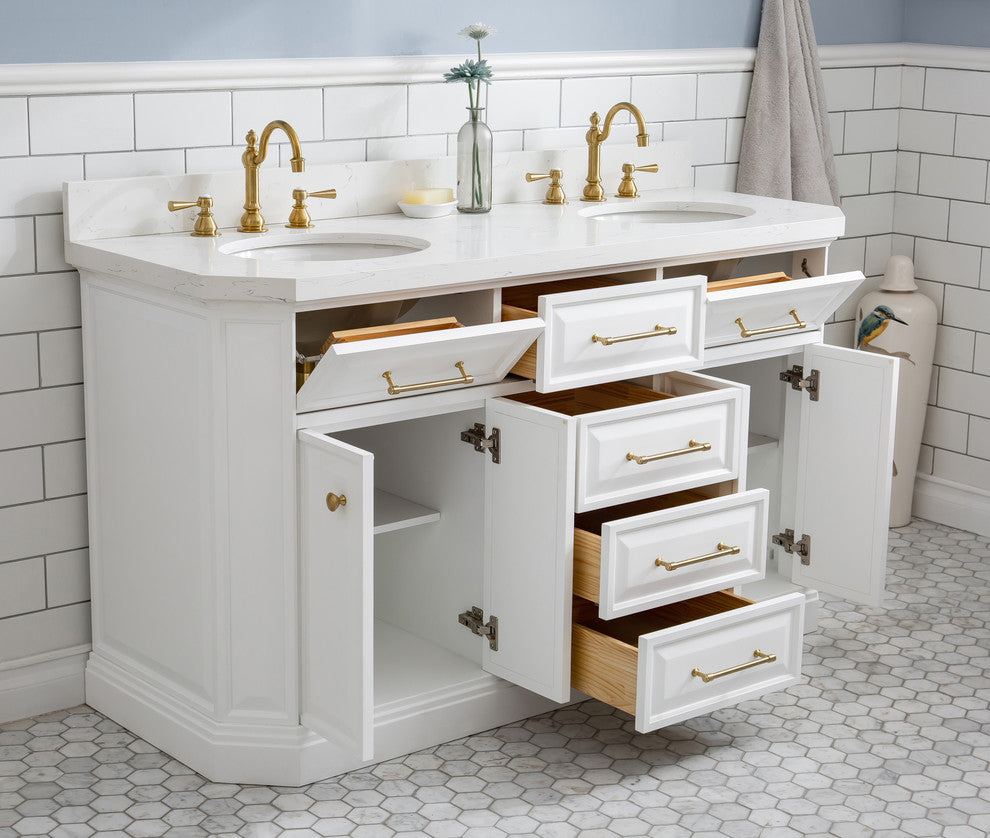 Palace 60" Double Sink Vanity White Quartz Top, Satin Brass (PVD), White