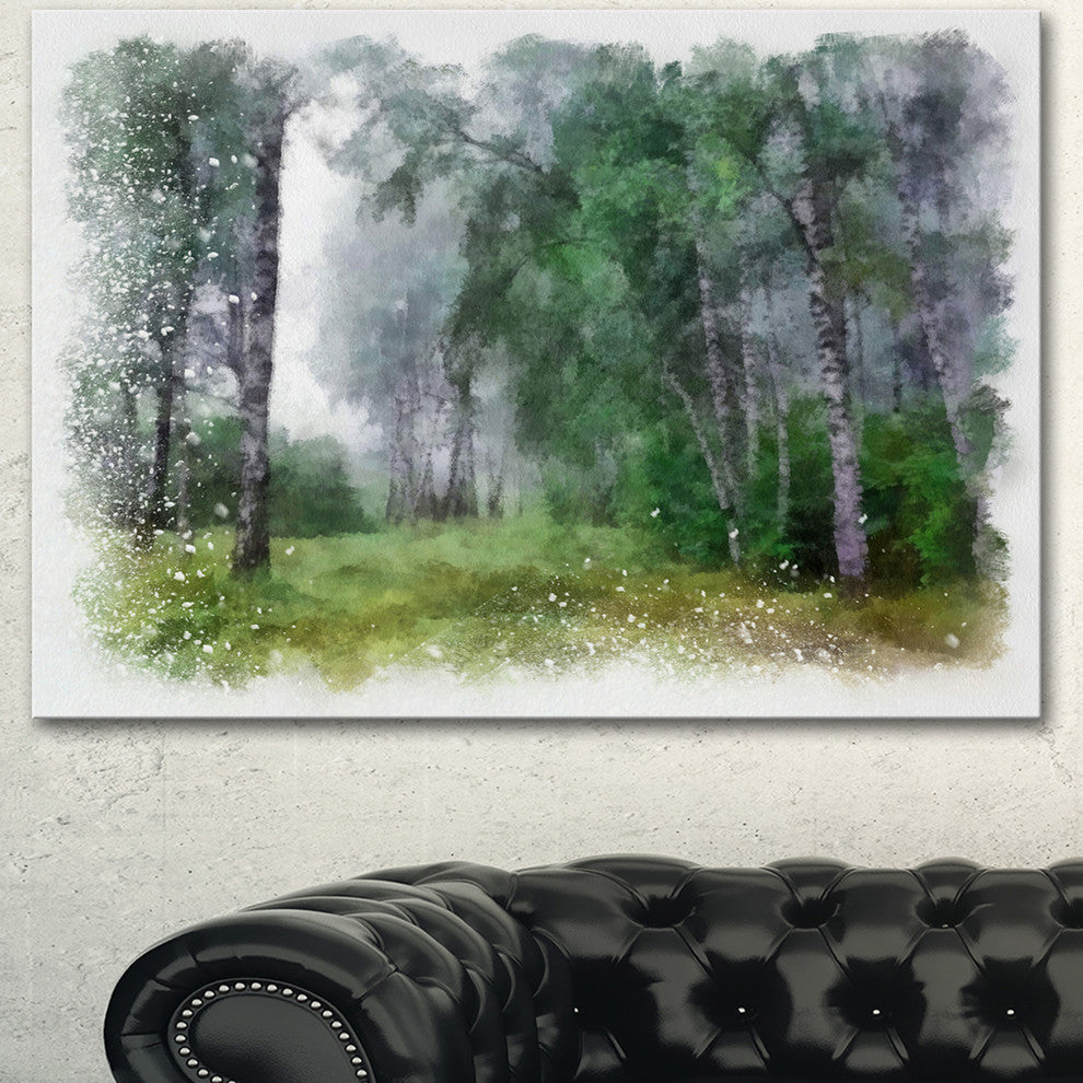 Green Forest Watercolor Drawing, Large Landscape Canvas Art, 40"x30"
