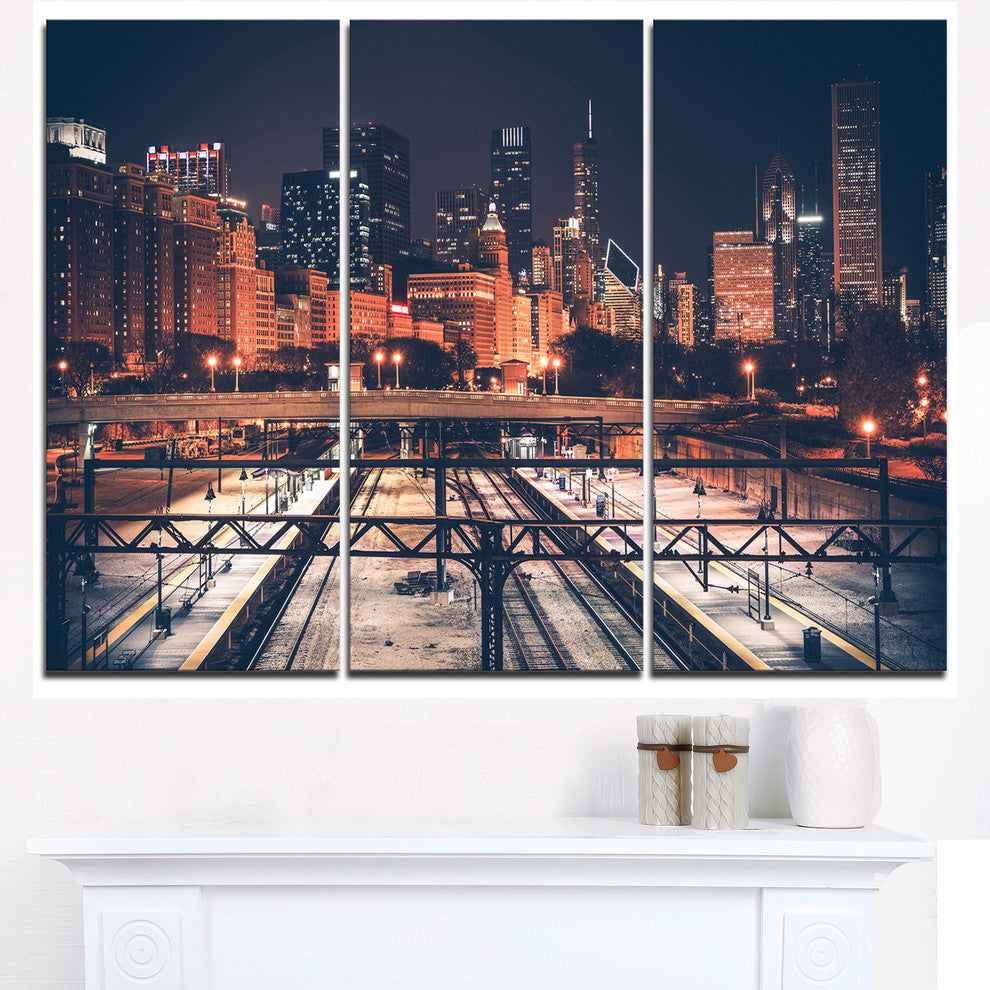 "Dark Chicago Skyline and Railroad" Metal Wall Art, 3 Panels, 36"x28"