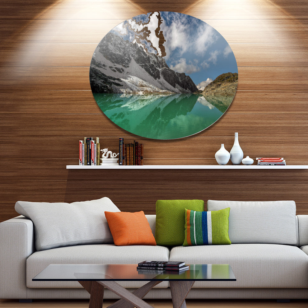 Clear Mountain Lake Under Bright Sky, Landscape Disc Metal Artwork, 23"