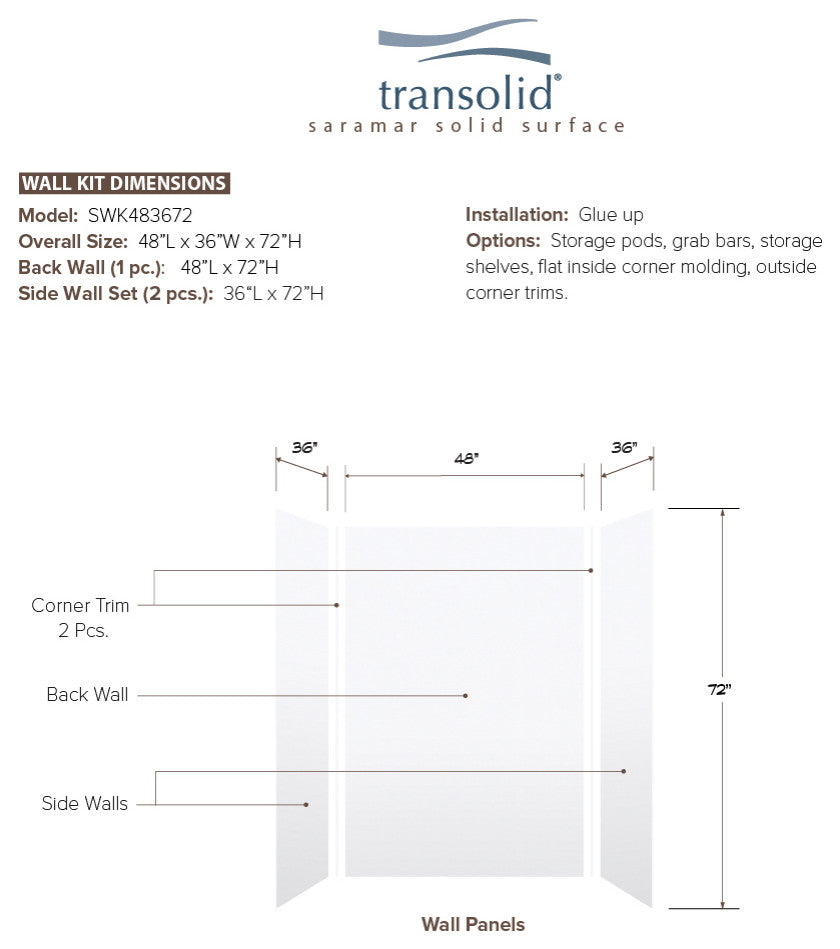 Transolid SaraMar 48"x36"x72" 3-Piece Shower Wall Kit, White Velvet