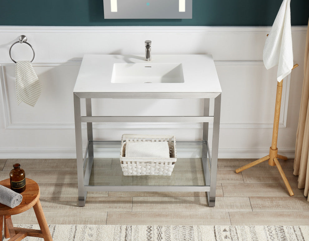 ANZZI Orchard 36" Console Sink With Glossy White Counter Top, Brushed Nickel