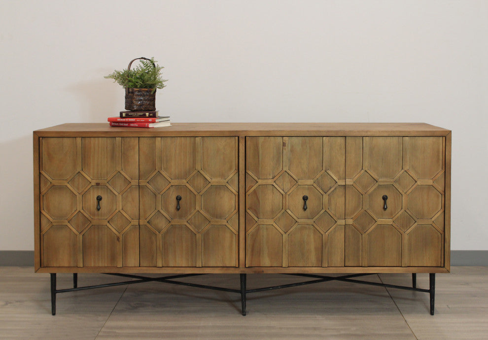 Samara 4-Door Recycled Pine Wood Sideboard, Natural Finish