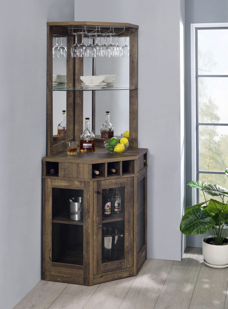 Wood Corner Bar Cabinet, Rustic Oak