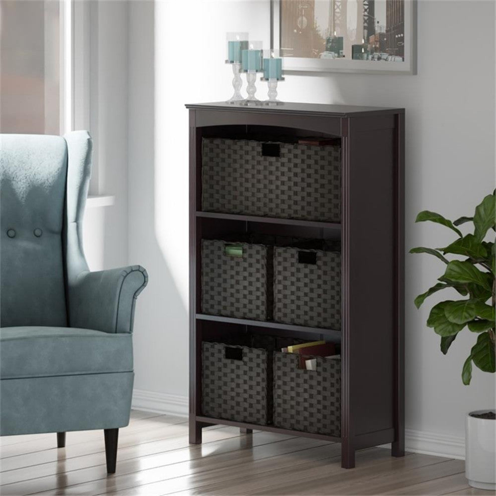 Terrace 6-Pc Storage Shelf w/ 5 Foldable Woven Baskets, Espresso and Chocolate