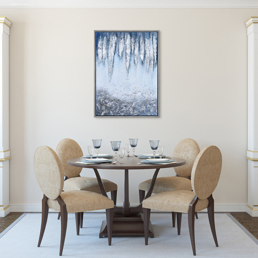 Blue and White Abstract Canvas Icicles Textured Metallic Hand Painted Wall Art
