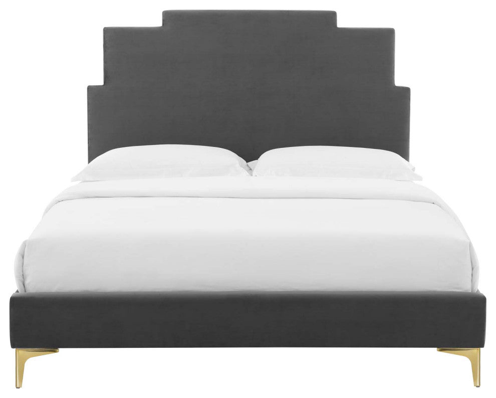 Platform Bed Frame, King Size, Velvet, Dark Gray, Modern Contemporary