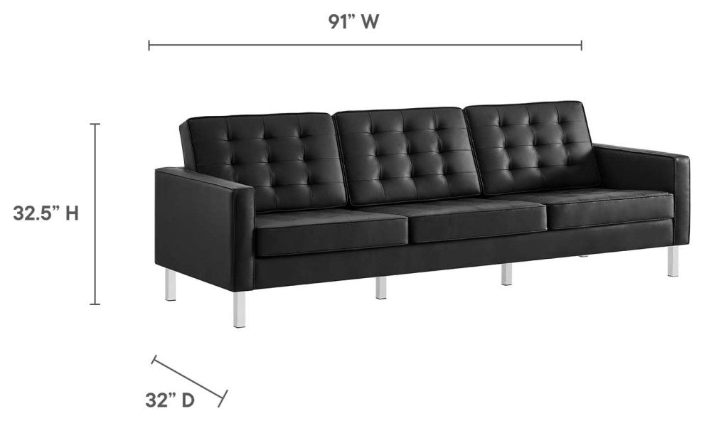 Loft Tufted Vegan Leather Sofa and Ottoman Set, Silver Black