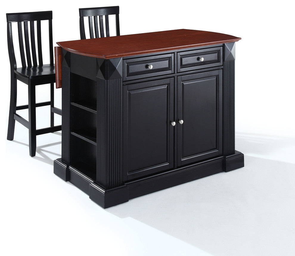 Drop Leaf Breakfast Bar Top Kitchen Island, Black, 24" Black School House Stools
