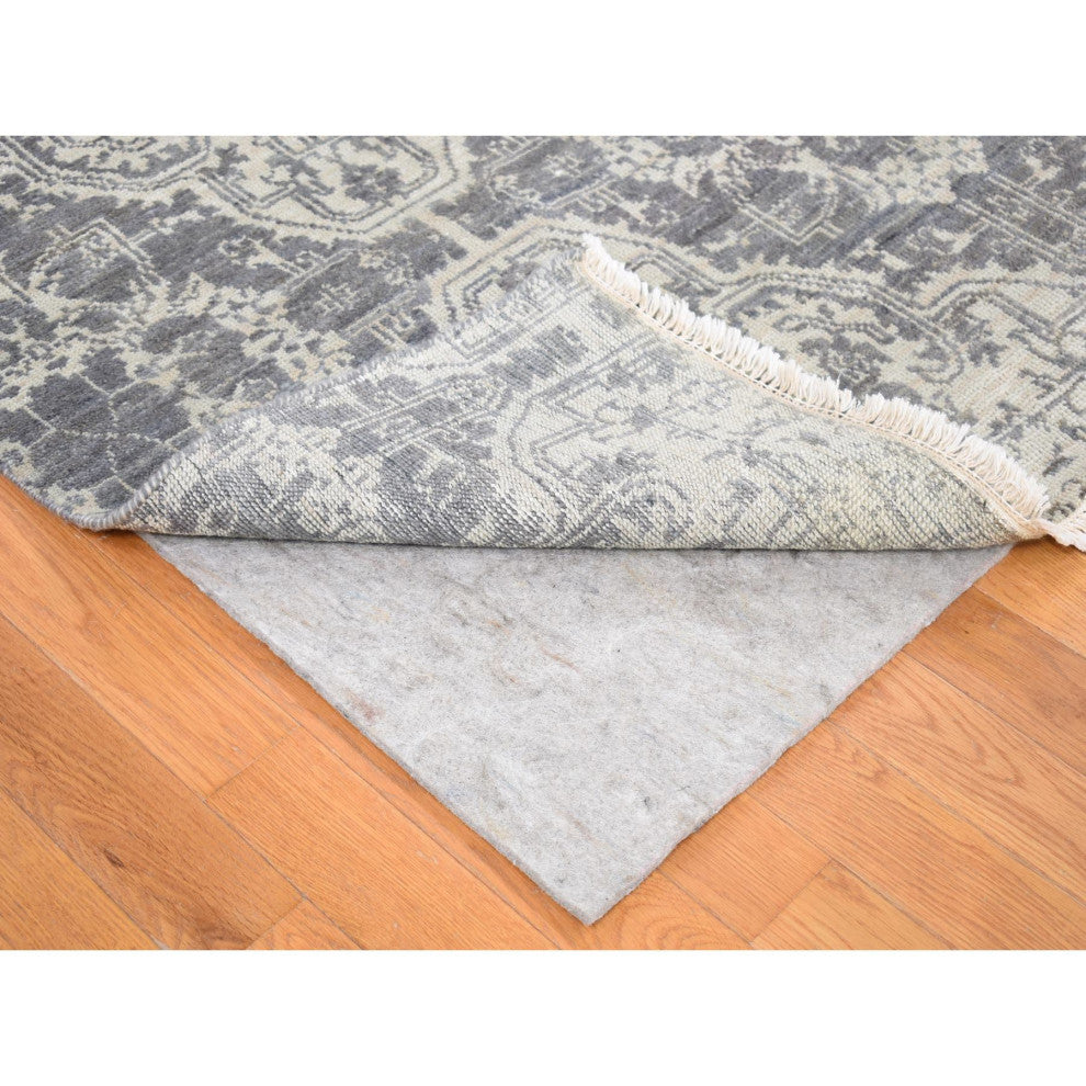 Ivory Hand Knotted Wool and Silk Geometric Mughal Design Oriental Rug, 7'9"x10'