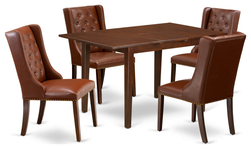 5Pc Dining Set, 1 Butterfly Leaf Table, 4 Brown Chairs, Back, Mahogany Finish