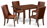 5Pc Dining Set, 1 Butterfly Leaf Table, 4 Brown Chairs, Back, Mahogany Finish