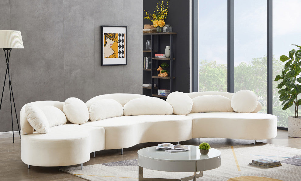 Vivacious Velvet Upholstered 3-Piece Sectional, Cream