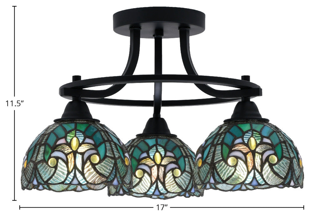 Paramount 3-Light Semi-Flush Light, Matte Black, 7" Turquoise Cypress Art Glass
