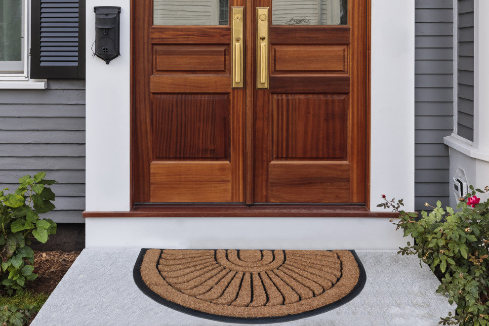 Sunburst Half Moon Mat, Tapered Edge, Black, Rubber and Coir, 24"x36"