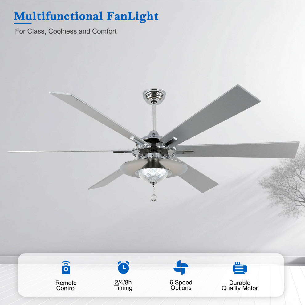 72" Antique Lagre Ceiling Fan, Wood Blades and LED Lights Kit w Crystal Shade, White