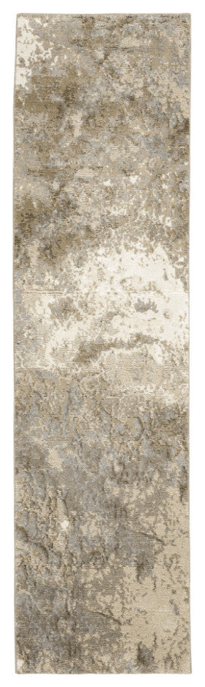 12' Runner Grey Beige and Ivory Abstract Power Loom Runner Rug