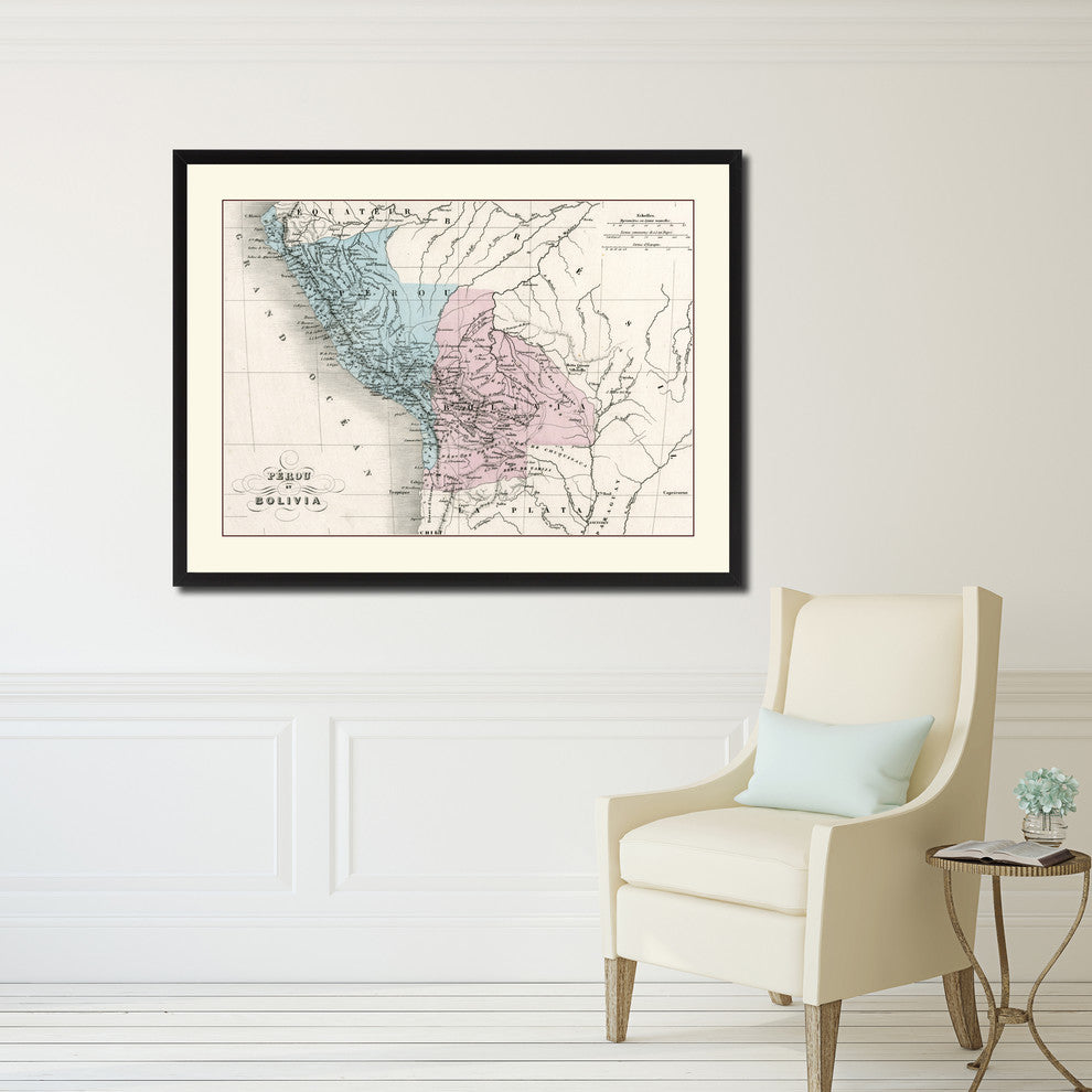 Peru, Bolivia Vintage Map Print On Canvas With Picture Frame 16" X 21"