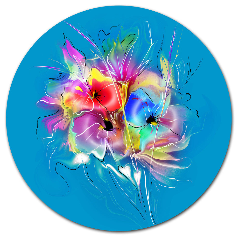 Summer Colorful Flowers On Blue, Floral Large Disc Metal Wall Art, 11"