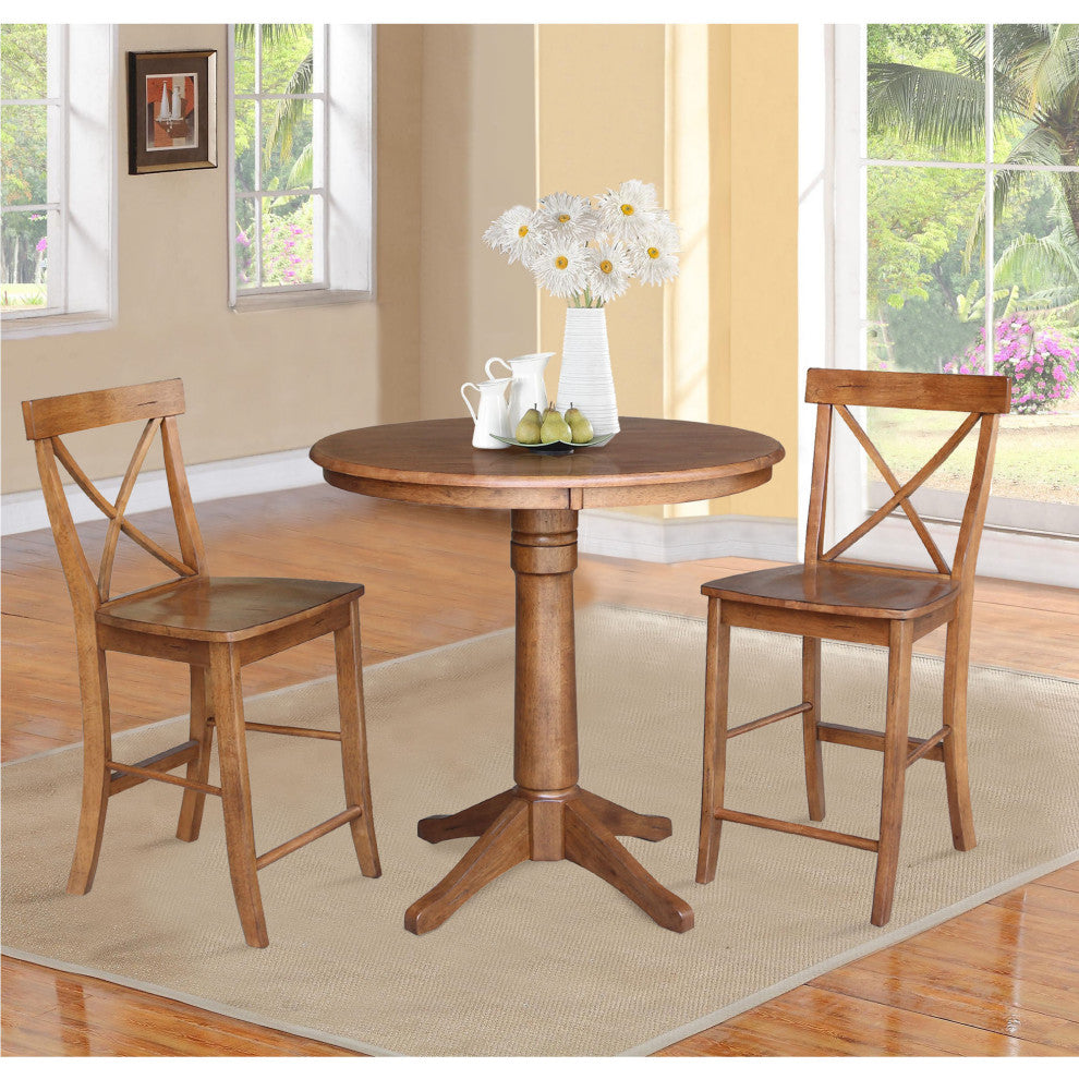 36" Round Pedestal Gathering Height Table With 2 X-Back Counter Height Stools, Distressed Oak