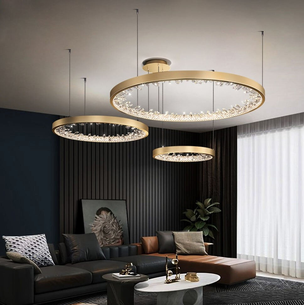 Zeddiani | Gold Rings Led Crystal Chandelier for Bedroom, 3 Rings 7 Bases