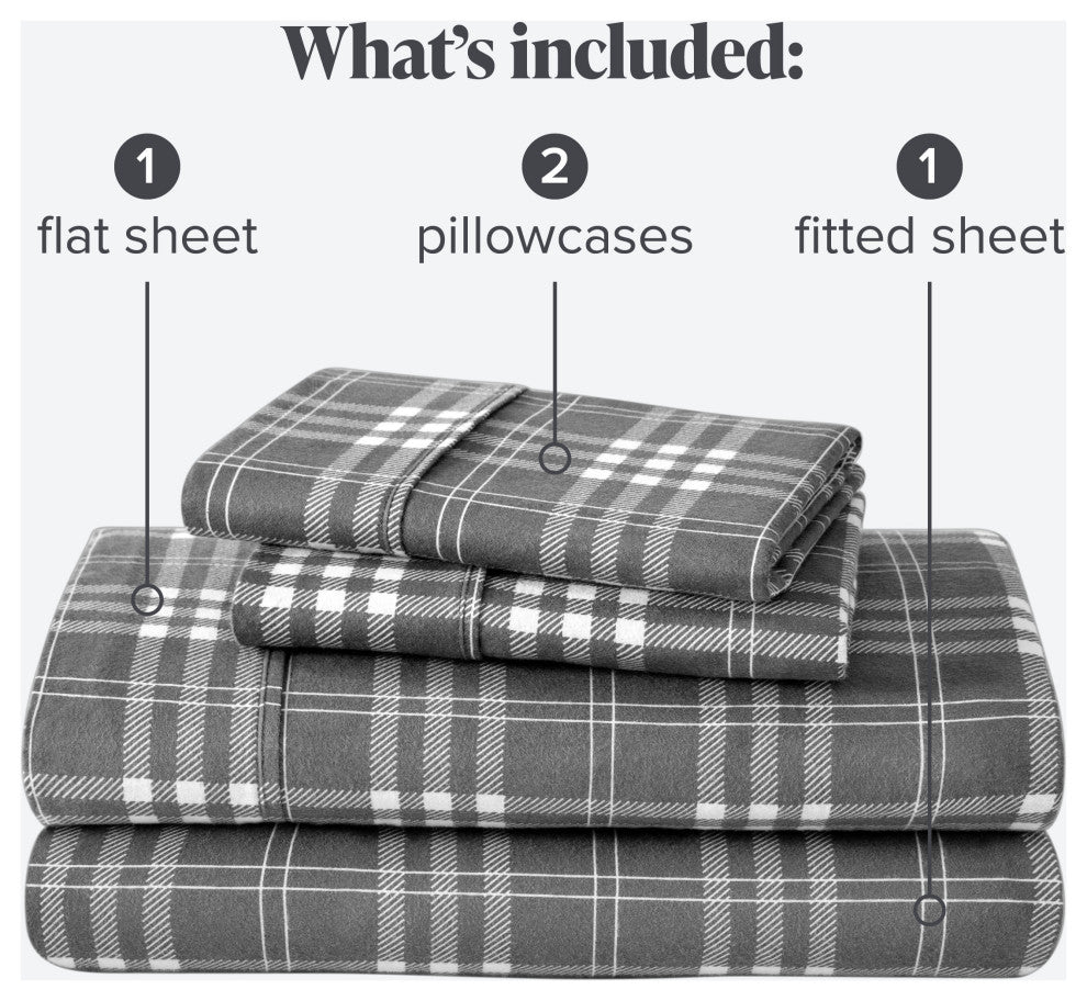 Bare Home Cotton Flannel Sheet Set, Stirling Plaid - Gray/White, Full