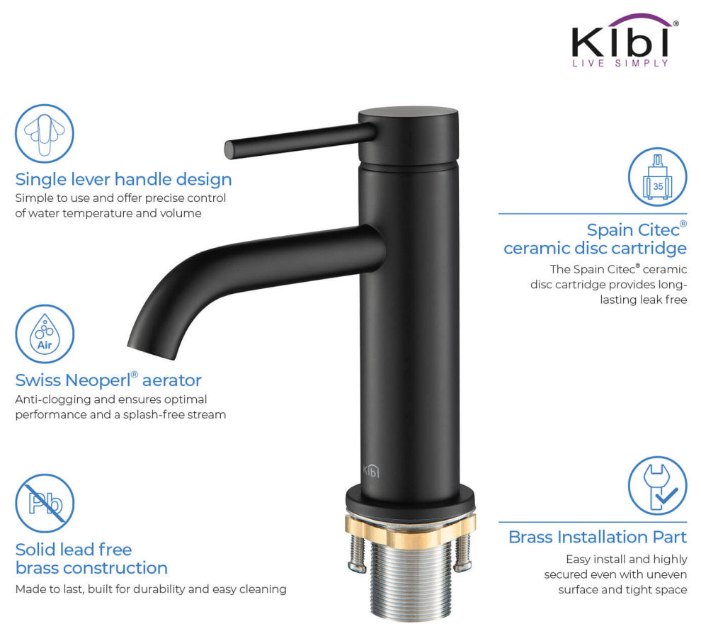 Circular Brass Single Handle Bathroom Faucet KBF1008, Matte Black, With Drain