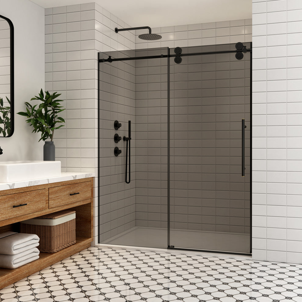 Echarri Single Sliding Frameless Shower Door, Tinted Glass, Matte Black, 64" W X 78"h