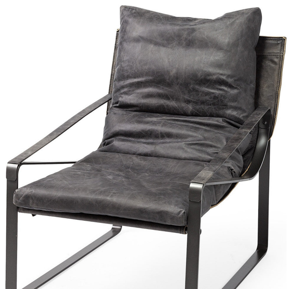 35" Black Leather Distressed Arm Chair